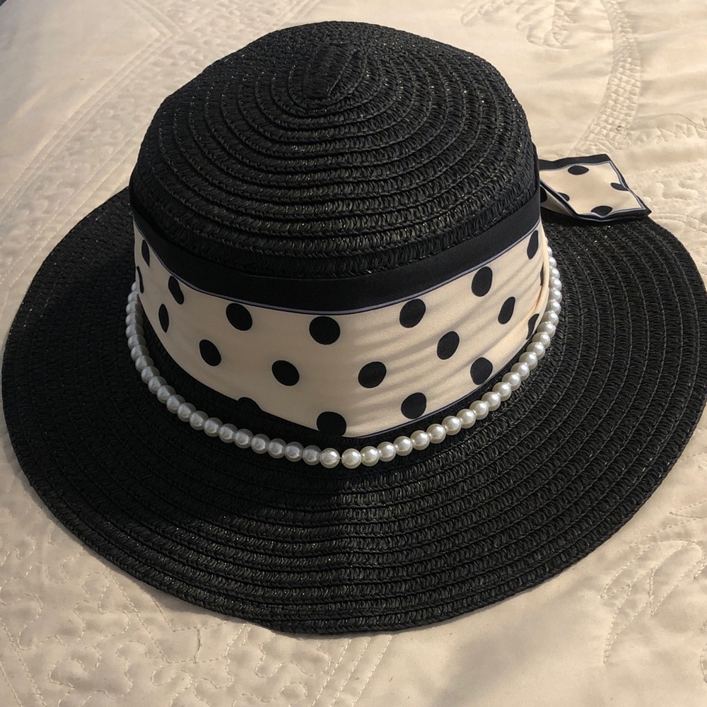 Women's Black Straw Sun Hat with Cream Polka Dot Band and Pearl Trim